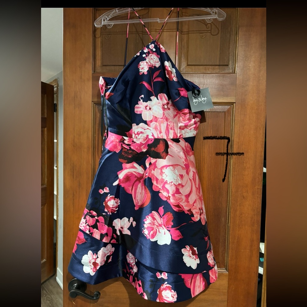 Macy's Floral Prom Dress in Navy and Pink